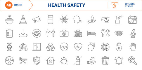 Fototapeta premium Public health alert line icon set. Vector pictograms of medical emergency, epidemic prevention, community safety, and outbreak monitoring elements, thin linear illustration.