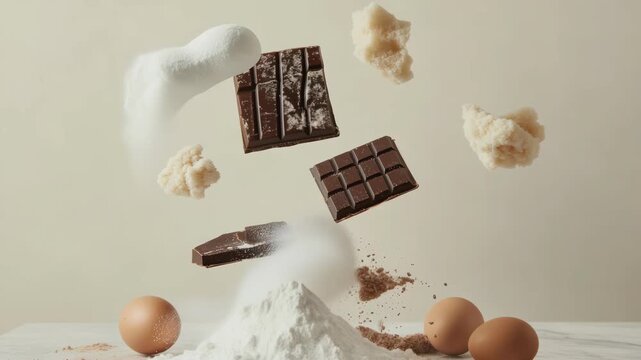 Chocolate bar, flour and egg tumbling through the air over a soft neutral background, baking ingredient splash, dessert preparation, sweet cooking concept.