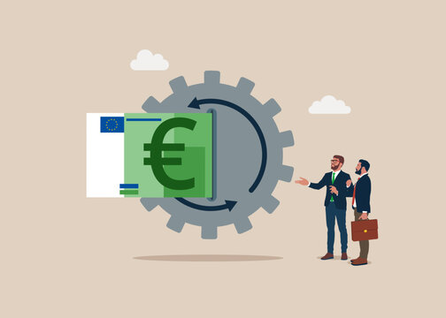 Billing automation. Business people and paper banknote euro. Money with cog gear production. Optimize cost and expense for better profit strategy. Flat vector illustration