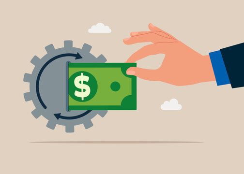 Billing automation. Paper banknote dollar.  Money with cog gear production. Optimize cost and expense for better profit strategy. Flat vector illustration