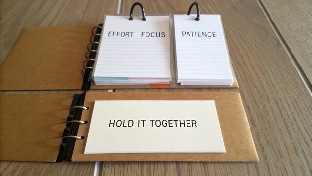 Inspirational Notes in a Binder Featuring Key Words for Personal Growth and Motivation on a Wooden Table Surface