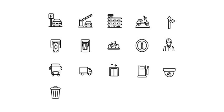 Icon set collection of parking facilities, transit amenities, and public services for efficient city wayfinding and parking management systems.