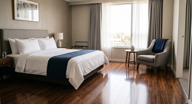 An elegant guest room with made bed, dark blue runner, reading chair, and polished wood floor during hotel room cleaning and organized guest preparation in a tidy hospitality interior