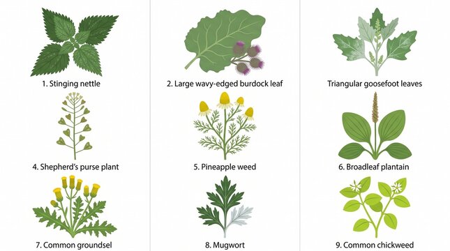 Various Weeds and Wild Plants Illustration Set with Labels