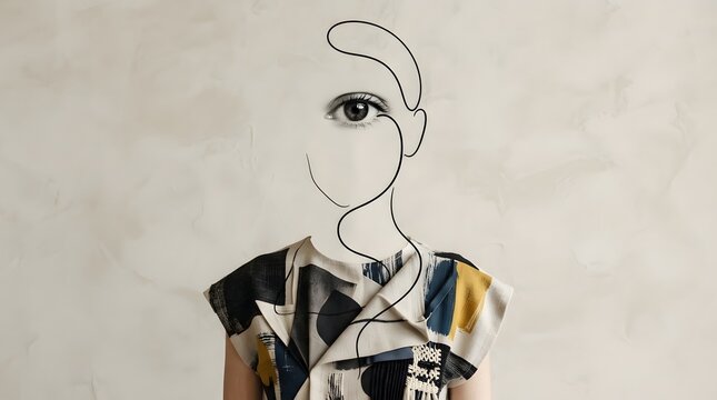 Surreal artistic portrait featuring a continuous line drawing of a face with a realistic eye on textured wall background