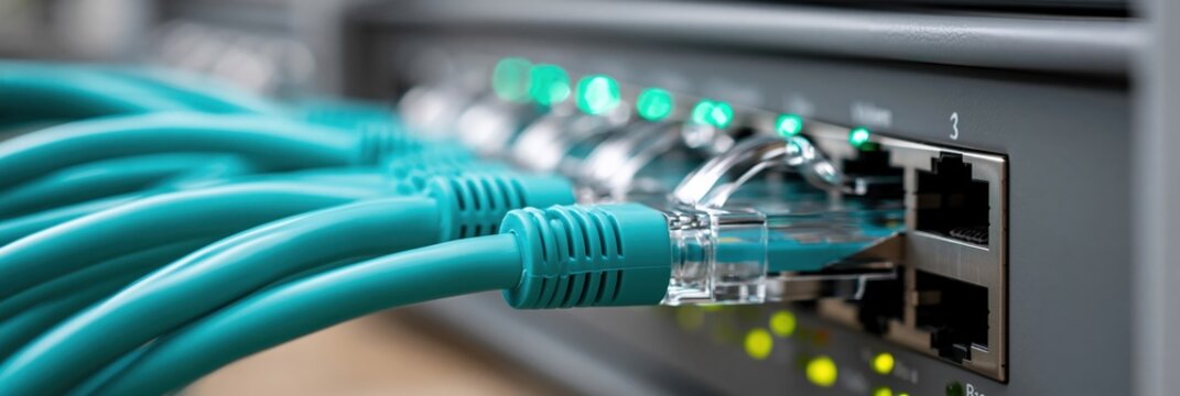 Close up teal ethernet cables plugged into network switch for technology background banner and it infrastructure design