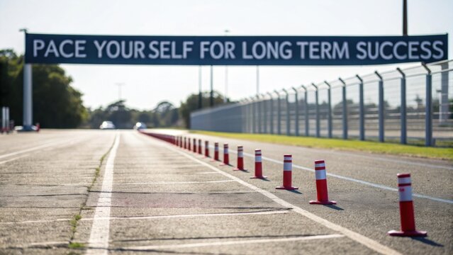 Motivational Banner Displaying 'Pace Your Self for Long Term Success' Over an Empty Road with Traffic Cones