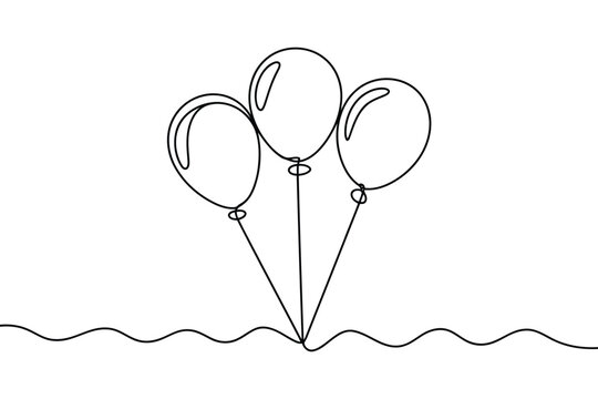 Three balloons floating on wavy lines, single line single line black and white celebration
