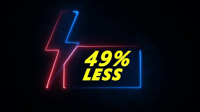 Neon lightning bolt symbol with 49 percent less text overlay graphic a glowing