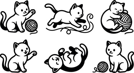 Obraz premium Black and white cartoon kittens playing with balls of yarn in various poses