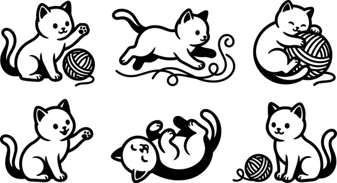 Black and white cartoon kittens playing with balls of yarn in various poses