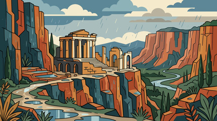 Ancient ruins on cliff overlooking river valley © GabrielStudio