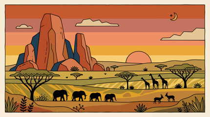 African wildlife safari landscape illustration © Fcraw