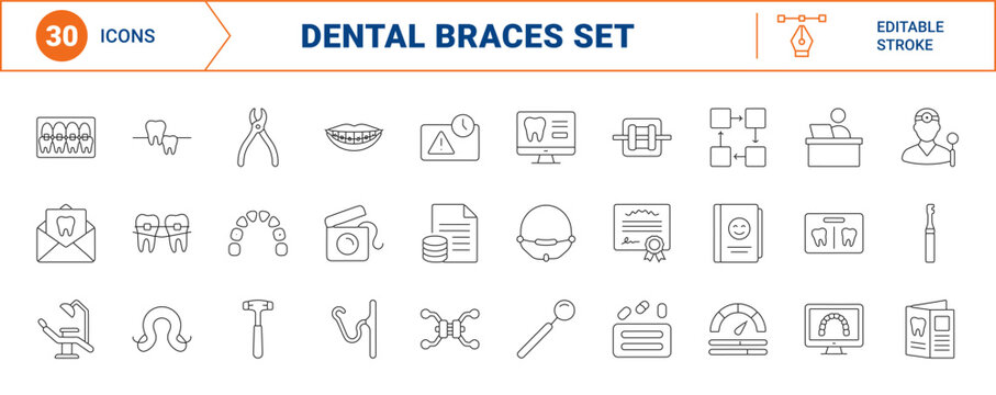 Orthodontic consultation line icon set. Vector pictograms of dentistry, braces, treatment planning, and dental care elements, thin linear illustration.