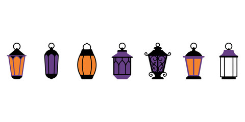 Collection of colorful lantern icons in purple and orange © Top Stock