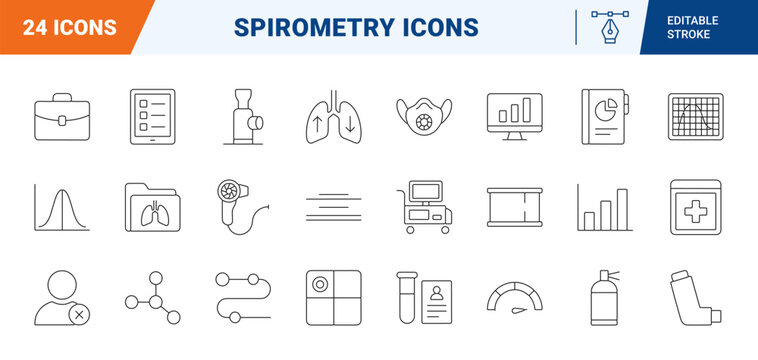 Medical healthcare line icon set. Vector pictograms of lung function test, spirometry diagnostics, respiratory health, and clinical breathing elements, thin linear illustration.