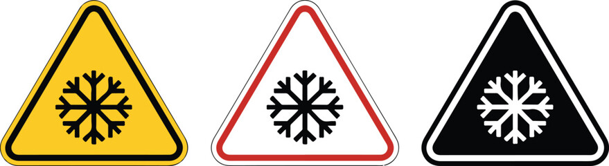 Three triangular warning signs with snowflake symbols in yellow red and black © MOHAMMADTORIQUL