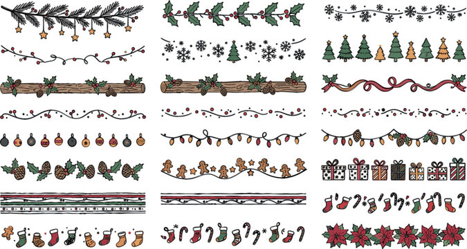 Christmas hand drawn doodle borders vector set with rustic winter dividers gingerbread men stockings and fairy string lights icons collection