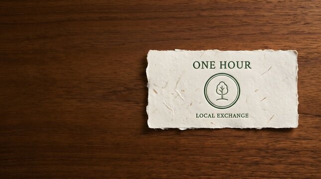 Handmade paper local currency note with one hour denomination tree seal letterpress printed on warm teak surface, local exchange time banking post-growth alternative currency economics concept art