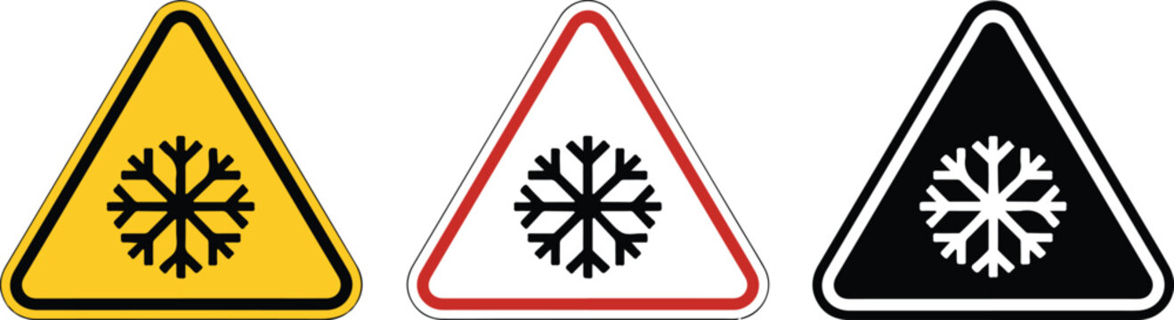 Three triangular warning signs with snowflake symbols in yellow red and black