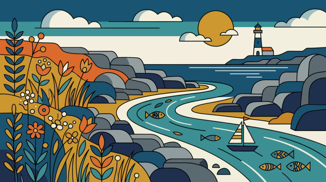 Coastal landscape river flowing to ocean