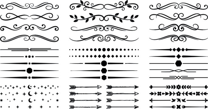 Vintage calligraphy text dividers vector set with elegant ornamental flourishes page separators and symmetrical swirling borders collection