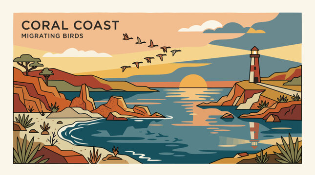Coastal landscape with migrating birds