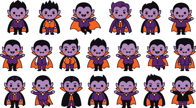 Halloween vampire cartoon characters in various poses and outfits