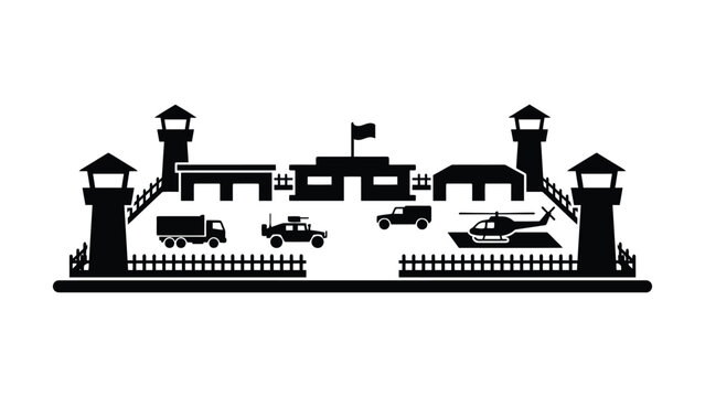 Silhouette illustration of a military base with watchtowers and vehicles