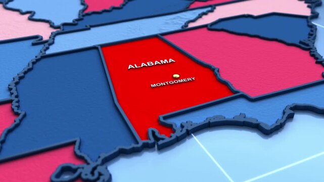 Looped 3D election map animation of the United States zooming into Alabama state, featuring red, blue, purple and green political outcome variations. 
