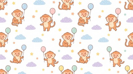 Fototapeta premium Adorable cartoon monkeys holding various colored balloons float among pastel clouds and stars