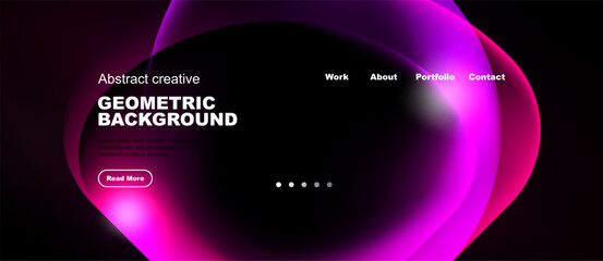 Naklejka premium Abstract design features vibrant pink, purple shapes. Website header includes navigation options, text, button. Dark background dominates image.