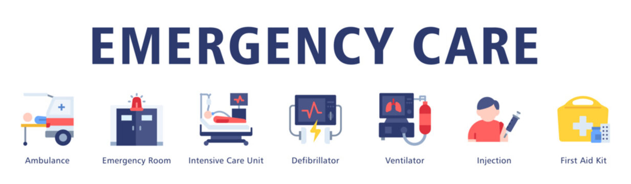 Emergency Care web banner icon vector illustration featuring rapid response and critical treatment services from ambulance arrival to intensive life support.