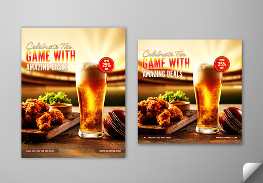 Editable Cricket Match Day Restaurant Promotion Social Media Post Template Set with 25 Percent Discount on Beer and Food Combo Deals.