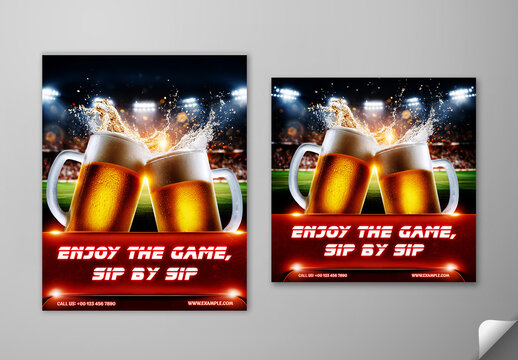 Editable Sports Match Day Beer Promotion Social Media Post Template Set with Cheers Beer Mugs on Stadium Background.