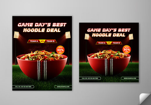 Editable Cricket Match Day Restaurant Food Promotion Social Media Post Template Set with 30 Percent Discount and Half Cricket Ball Shaped Noodles Bowl on Pitch Background.