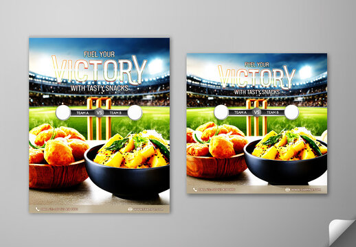 Editable Live Cricket Match Day Restaurant Food Promo Social Media Post Template Set with Indian Food Combo Deal on Stadium Background.