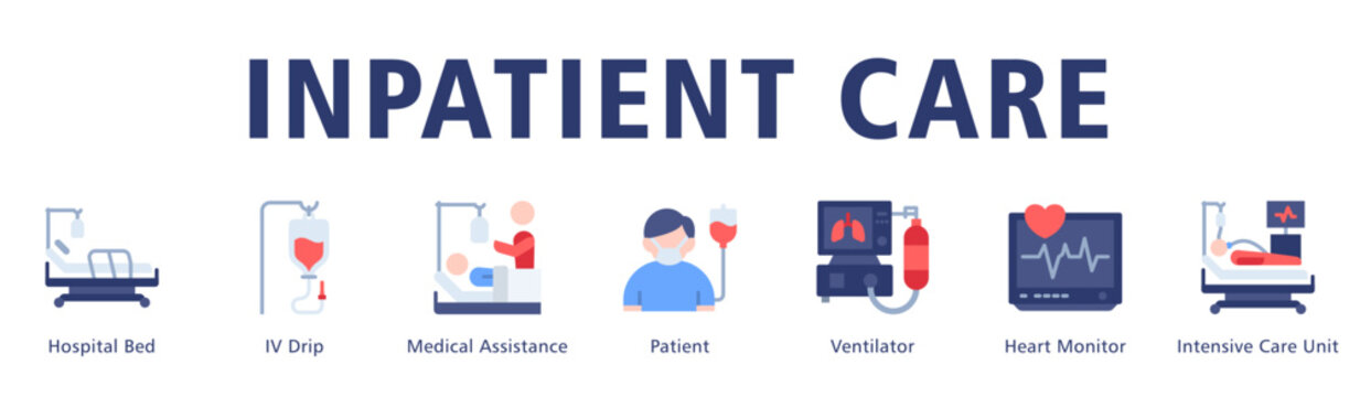 Inpatient Care web banner icon vector illustration representing hospital ward services and continuous patient monitoring.