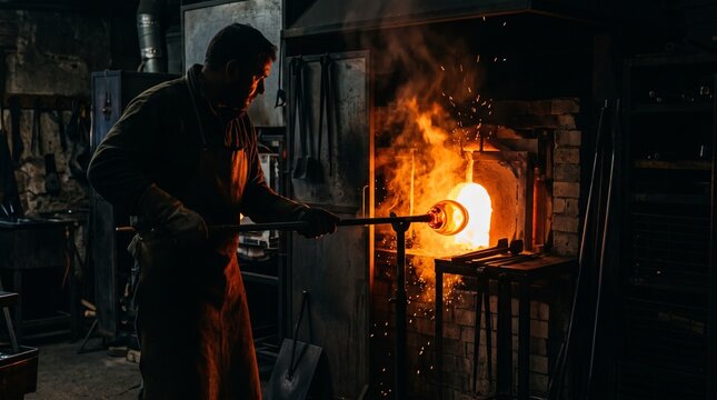 Professional glassblower shaping molten glass in a dark furnace workshop atmosphere
