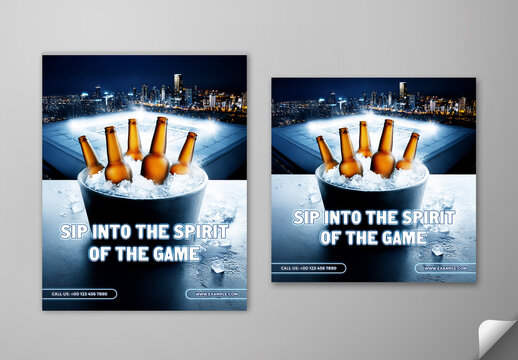 Editable Sports Match Night Bar Promotion Social Media Post Template Set with Cold Beer Bottles Inside Ice Bucket and Stadium Aerial View.
