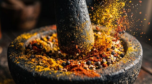 Grinding Aromatic Spices in a Stone Mortar and Pestle with Flying Particles and Texture