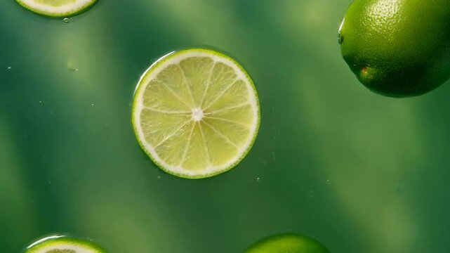 Lime slices and whole limes float in green liquid