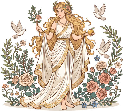 Beautiful Greek goddess Aphrodite, the goddess of love and beauty, in ancient Greece surrounded by roses and doves