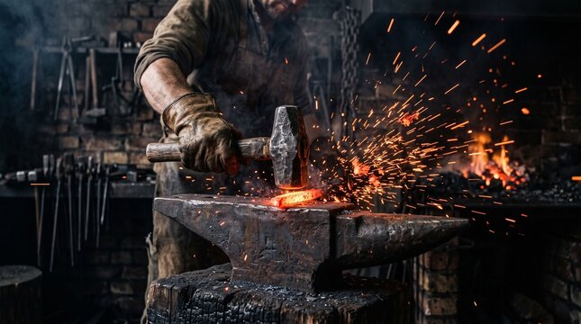 Blacksmith striking hot metal on an anvil in a dark workshop with flying sparks