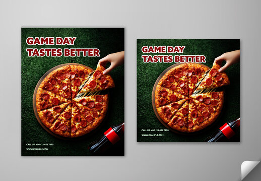 Editable Sports Game Day Restaurant Food Promotion Social Media Post Template Set with Pepperoni Pizza and Drink Combo Offer.
