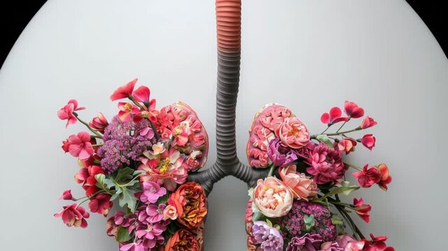 Human lung shape formed entirely from colorful spring flower on a white background, breathe fresh air, respiratory health, natural wellness concept.