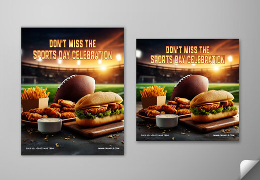Editable American Football Match Day Social Media Post Template Set with Stadium Background and Food Combo Deals for Restaurant Promotion Design.