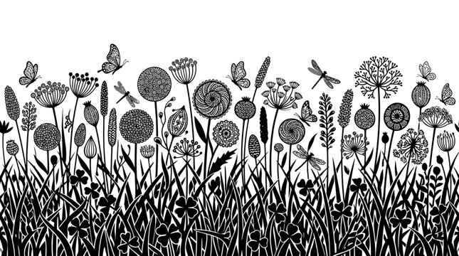 Illustration vectorielle en noir et blanc repr&eacute;sentant une prairie fleurie avec des fleurs sauvages, des papillons et des libellules sur un fond blanc, id&eacute;ale pour des designs d&eacute;coratifs.