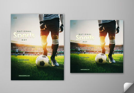 Editable National Sports Day Social Media Post Template Set with Football Player Kicking Ball on Stadium Grass Field Background Closeup Photo.