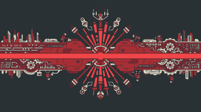Une illustration vectorielle abstraite pr&eacute;sentant une composition technologique sym&eacute;trique avec des engrenages, des circuits imprim&eacute;s et des &eacute;l&eacute;ments urbains stylis&eacute;s sur un fond sombre.